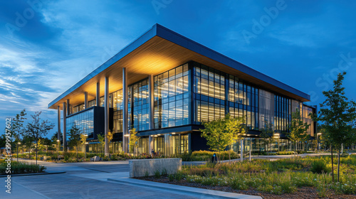 Exterior of a modern tech hub with dynamic lighting and an environmentally friendly design