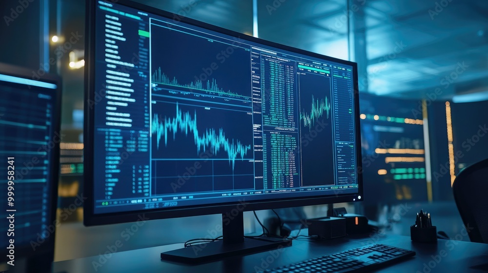 Financial stock charts displayed on a large computer monitor in a professional trading environment. Financial stock charts displayed on a large computer monitor in a professional trading environment.