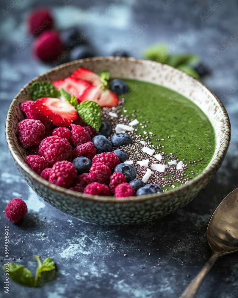 A nutrient-rich smoothie bowl made with organic algae-based ingredients like spirulina, topped with chia seeds, fresh berries, and coconut flakes, showcasing a balanced, energizing meal A nutrient-rich smoothie bowl made with organic algae-based ingredients like spirulina, topped with chia seeds, fresh berries, and coconut flakes, showcasing a balanced, energizing meal