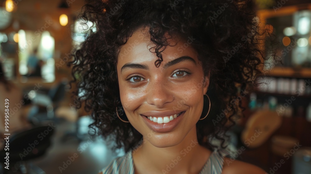 Smiling woman with curly hair in a bright salon setting Smiling woman with curly hair in a bright salon setting