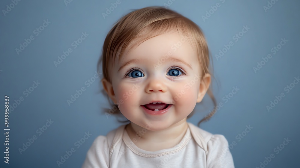 A baby with big blue eyes smiles at the camera. A baby with big blue eyes smiles at the camera.