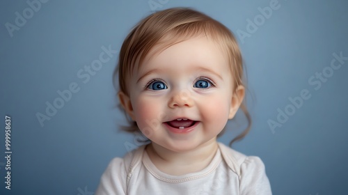 A baby with big blue eyes smiles at the camera.