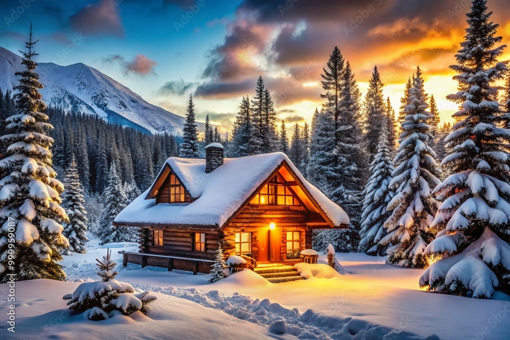 Fototapeta premium Cozy log cabin nestled in a snowy landscape surrounded by evergreen trees in winter wonderland setting