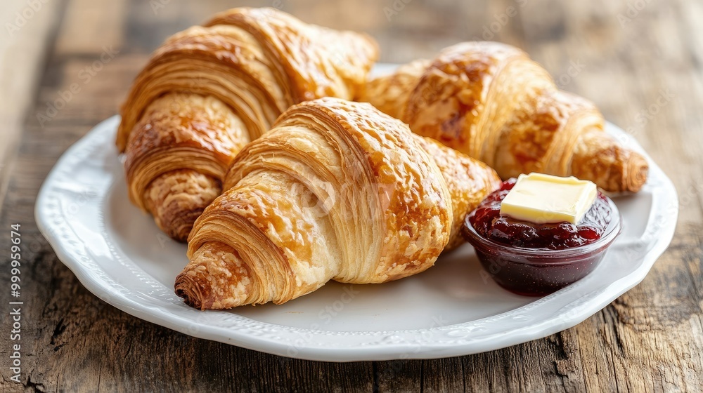 Freshly baked croissants on a white plate, with a side of butter and jam, on a rustic wooden table. Freshly baked croissants on a white plate, with a side of butter and jam, on a rustic wooden table.