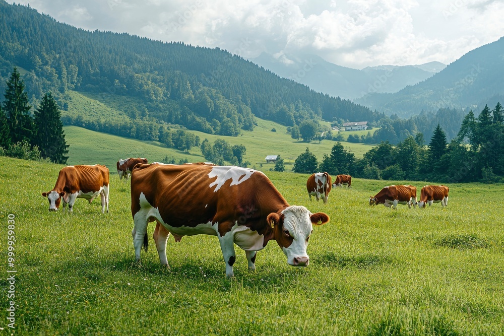 Cattle cow grazing on farmland. Grazing Cows in a Meadow with Grass. Cows Herd on a Grass Field. generative ai Cattle cow grazing on farmland. Grazing Cows in a Meadow with Grass. Cows Herd on a Grass Field. generative ai
