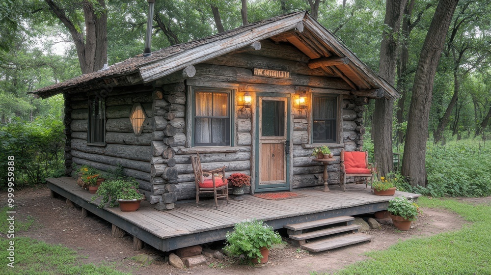 A Rustic Cabin With Warm Lights Beckons Visitors With Its Wooden Porch And Charming Details A Rustic Cabin With Warm Lights Beckons Visitors With Its Wooden Porch And Charming Details