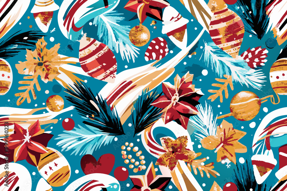 Naklejka premium Festive Winter Holiday Seamless Pattern with Nature Motifs