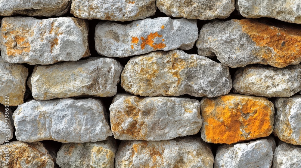 A rustic stone wall with weathered stones and a touch of orange lichen, showcasing the natural beauty of time and texture