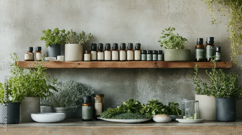 A modern apothecary setup with organic algae-based health supplements, displayed in eco-friendly containers alongside fresh greens and herbs, promoting wellness and sustainability A modern apothecary setup with organic algae-based health supplements, displayed in eco-friendly containers alongside fresh greens and herbs, promoting wellness and sustainability