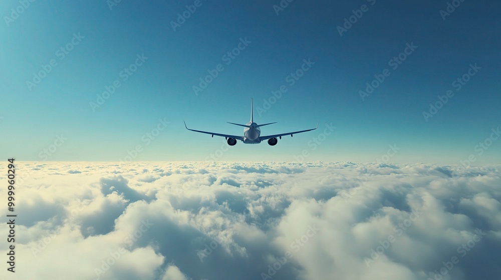 Fototapeta premium Airplane Flying Above Clouds in Clear Blue Sky