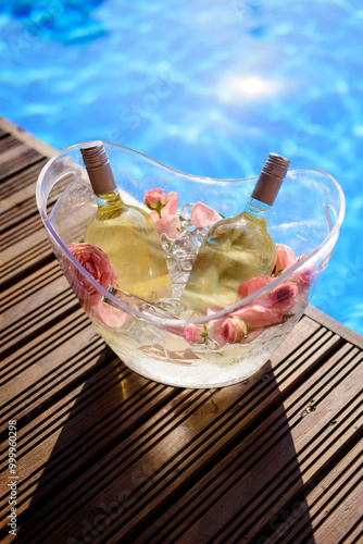 Champagne bottles in ice bucket with flowers by swimming pool.