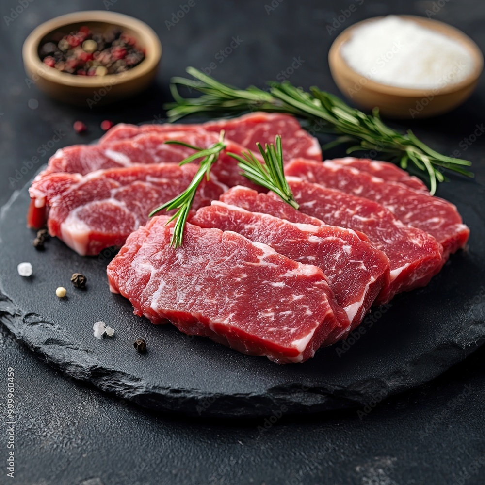 Fresh Raw Steak Slices with Rosemary Garnish on Slate Platter Fresh Raw Steak Slices with Rosemary Garnish on Slate Platter