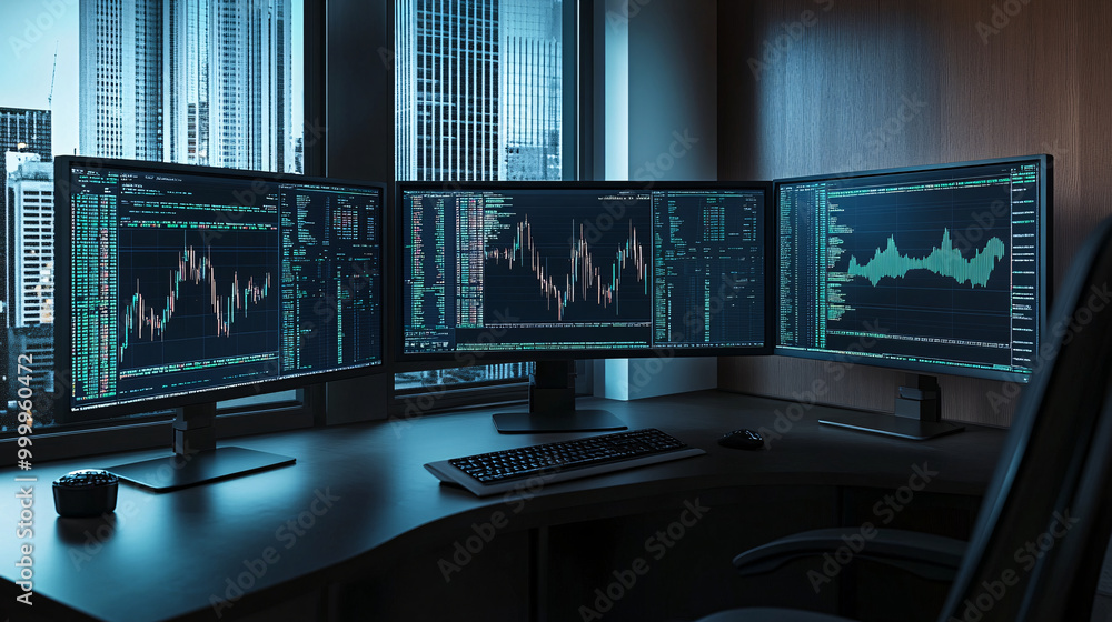 Computer monitors displaying stock data graphs in a modern control room or meeting room, showcasing financial analysis and monitoring. Computer monitors displaying stock data graphs in a modern control room or meeting room, showcasing financial analysis and monitoring.