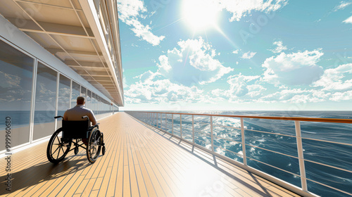 Person in wheelchair enjoying sunny deck of cruise ship, ocean view, clear sky, relaxing atmosphere, travel adventure concept