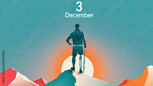 A conceptual image for International Day of Persons with Disabilities, showing a person with a prosthetic leg standing proudly on top of a mountain, with the sun rising behind them. 