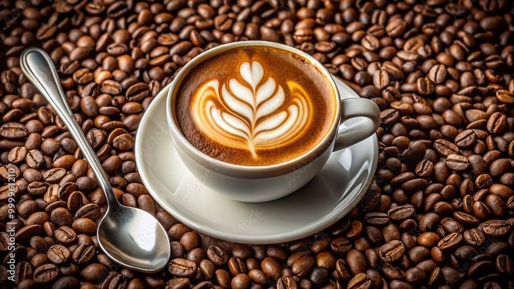 Creamy Coffee in a White Cup with a Beautiful Foam Art on Top Surrounded by Coffee Beans and Creamy Coffee in a White Cup with a Beautiful Foam Art on Top Surrounded by Coffee Beans and