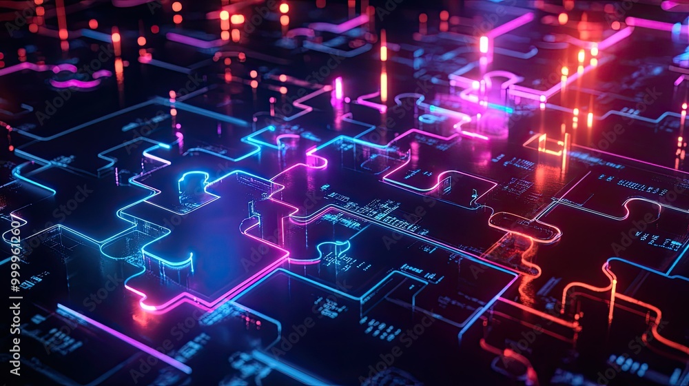 Futuristic neon puzzle pieces merging into a system on a digital screen, symbolizing API integration Futuristic neon puzzle pieces merging into a system on a digital screen, symbolizing API integration