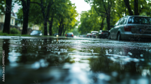 Flooded Streets: Rainfall on a Public Road with Trees and Cars