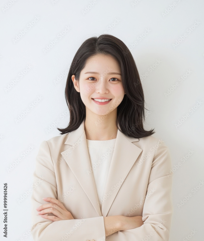 Pretty Asian woman standing with arms crossed smiling, wearing a cream colored office suit, white background Pretty Asian woman standing with arms crossed smiling, wearing a cream colored office suit, white background
