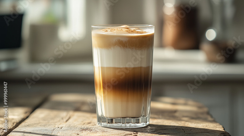 Layered Delight: Tall Glass of Iced Coffee with Milk and Coffee Separation