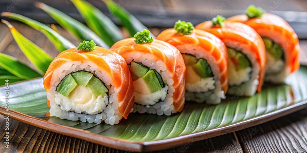 High angle view of Japanese uramaki sushi with fresh salmon High angle view of Japanese uramaki sushi with fresh salmon
