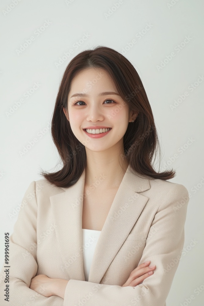 Pretty Asian woman standing with arms crossed smiling, wearing a cream colored office suit, white background Pretty Asian woman standing with arms crossed smiling, wearing a cream colored office suit, white background