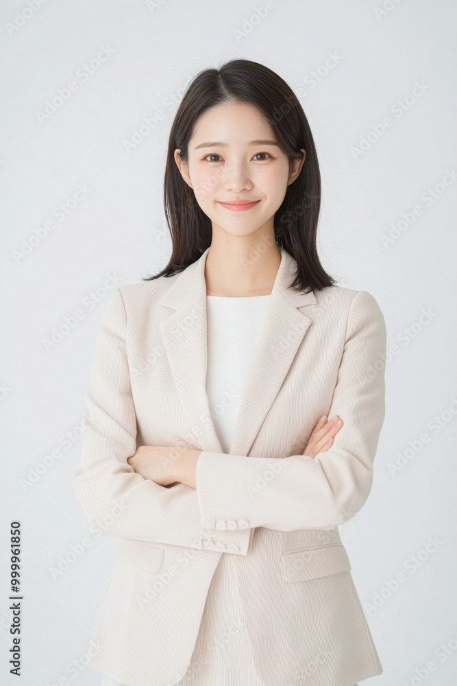 Pretty Asian woman standing with arms crossed smiling, wearing a cream colored office suit, white background Pretty Asian woman standing with arms crossed smiling, wearing a cream colored office suit, white background