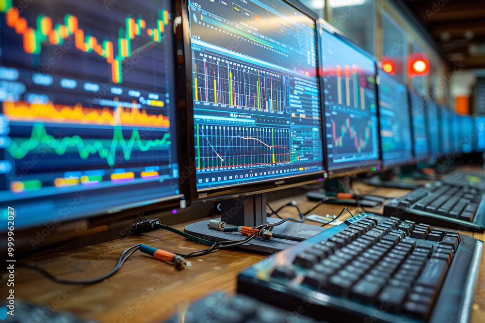 Computer monitors displaying stock data graphs in a modern control room or meeting room, showcasing financial analysis and monitoring. Computer monitors displaying stock data graphs in a modern control room or meeting room, showcasing financial analysis and monitoring.