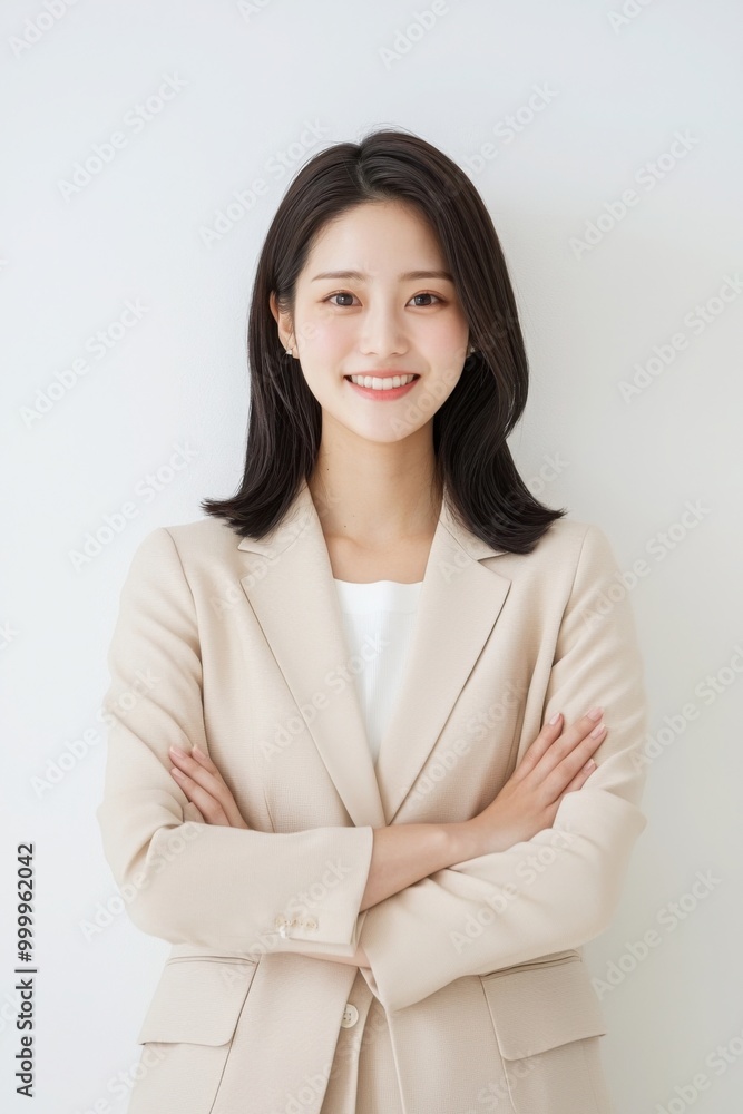 Pretty Asian woman standing with arms crossed smiling, wearing a cream colored office suit, white background