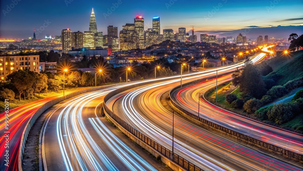 High angle view of light trails from tail lights on freeway leading into San Francisco High angle view of light trails from tail lights on freeway leading into San Francisco