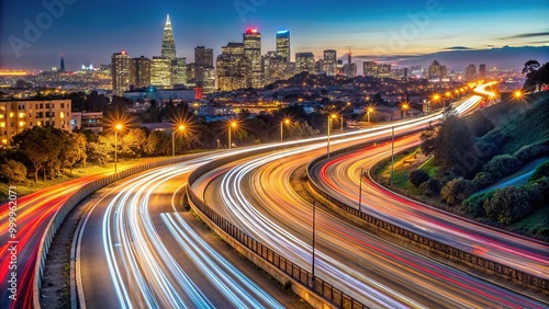 High angle view of light trails from tail lights on freeway leading into San Francisco