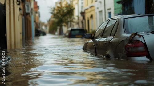 Street water and floods from storm or rain with damage and car