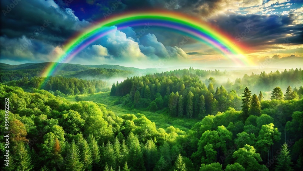 High angle view of lush green forest with rainbow in sky High angle view of lush green forest with rainbow in sky