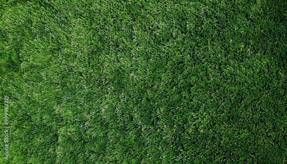 Fototapeta premium Green grass texture. Golf course view from above. The background is a lush football lawn. Artificial synthetic lawn for sports. green grass texture