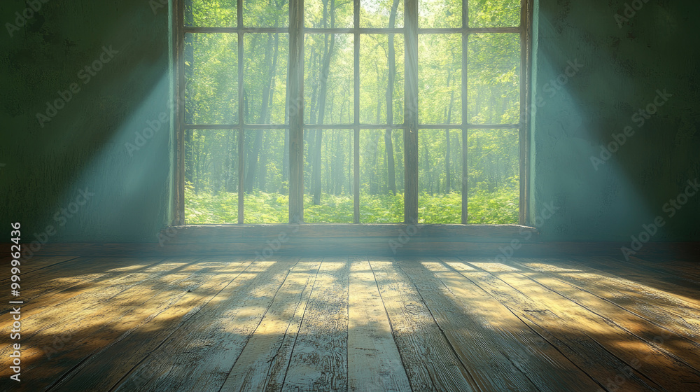 Soft light pours through a window, highlighting the wooden floor and lush green forest outside on a tranquil morning Soft light pours through a window, highlighting the wooden floor and lush green forest outside on a tranquil morning