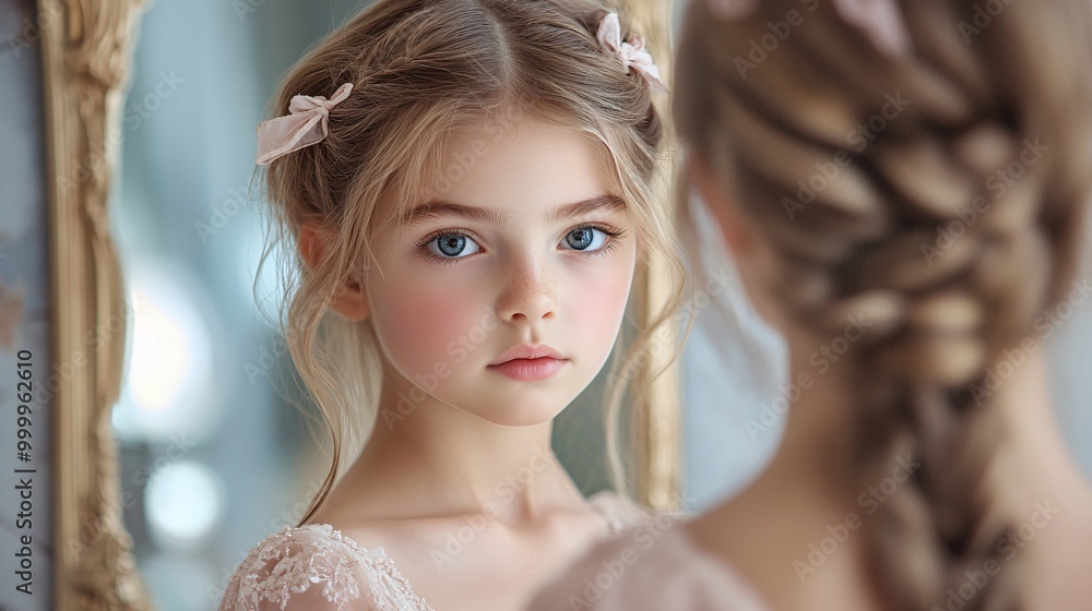Reflections of Confidence: Young Girl Tying Ribbon in Hair with Pride, Close-up Photo Reflections of Confidence: Young Girl Tying Ribbon in Hair with Pride, Close-up Photo