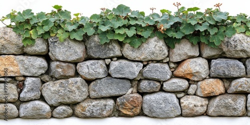 A weathered stone wall with a row of green leaves growing across the top, providing a natural touch of life to the rustic landscape.