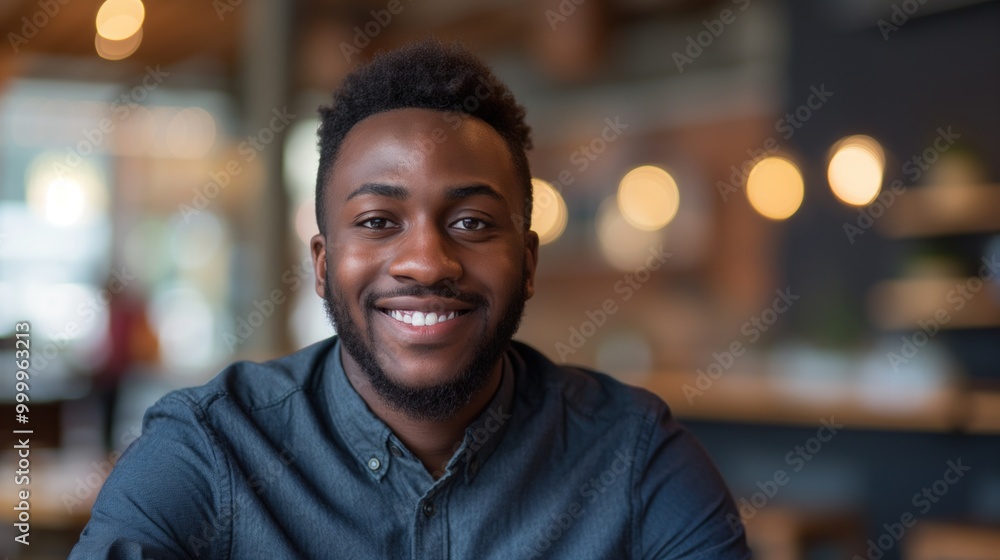 A smiling Black professional in a stylish environment represents company values and creativity A smiling Black professional in a stylish environment represents company values and creativity