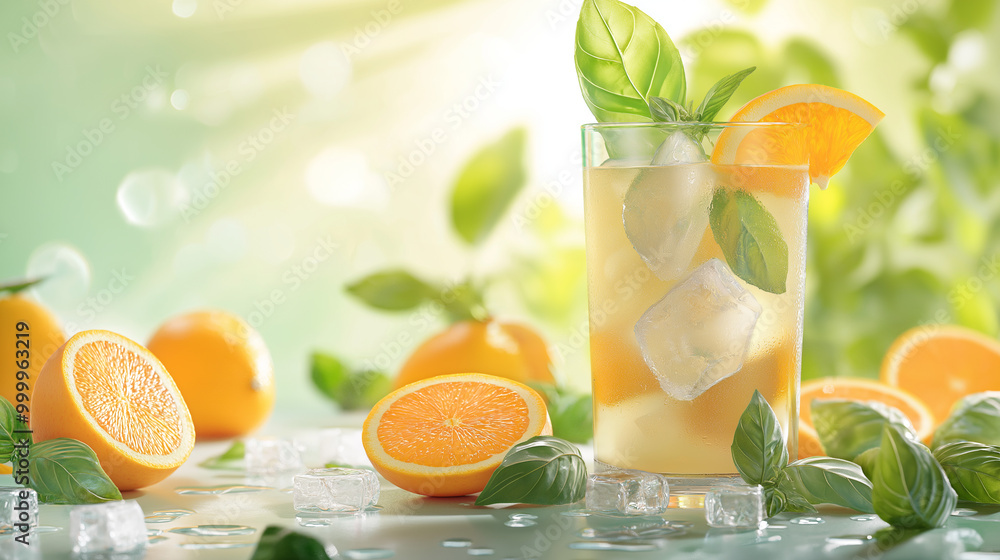 Fototapeta premium Refreshing iced tea with lemon and orange slices, surrounded by fruit and ice on a sunny day.