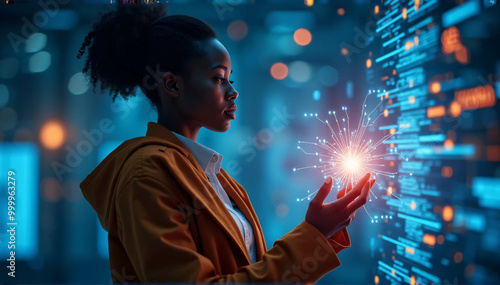 Threat from AI cyber security, female African American IT specialist analyzing data from futuristic holographic applications. Banner for the concept of artificial intelligence and augmented reality in