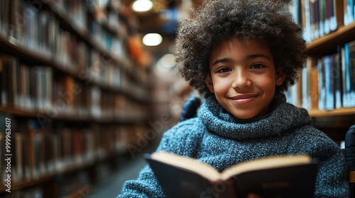 Happy young disabled mixed race school student in wheelchair reading a library book. Generative AI
