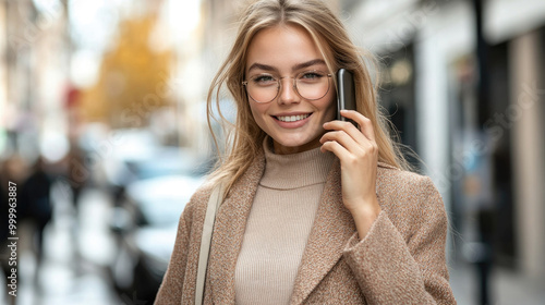 A cheerful young woman in glasses engages in a phone conversation while surrounded by a lively city atmosphere and colorful autumn leaves