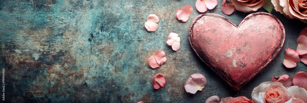 Obraz premium Happy Valentine Day. Template with pink heart on a stone background. Horizontal banner. Copy space. Concept of relationship, love, romance. For wedding invitation, poster, greeting card