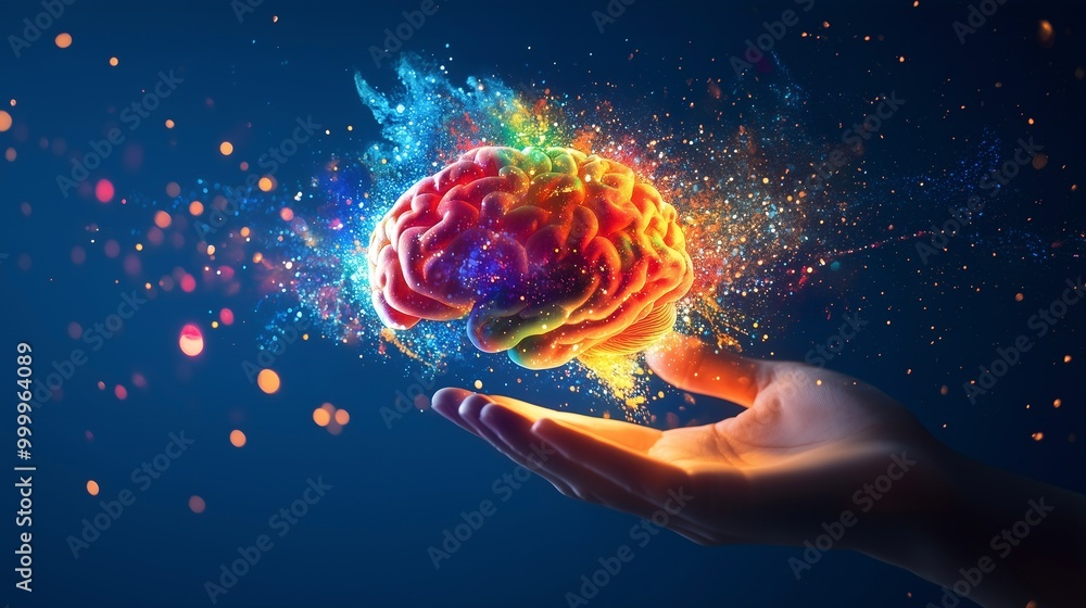 colorful human brain levitating above a human's hand colorful human brain levitating above a human's hand