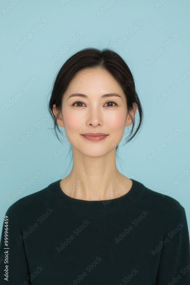 An Asian woman in her late thirties, wearing a dark green sweater, smiling brightly. An Asian woman in her late thirties, wearing a dark green sweater, smiling brightly.