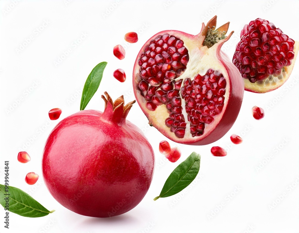Flying in air fresh ripe whole and cut pomegranate with seeds and leaves isolated on white background Flying in air fresh ripe whole and cut pomegranate with seeds and leaves isolated on white background