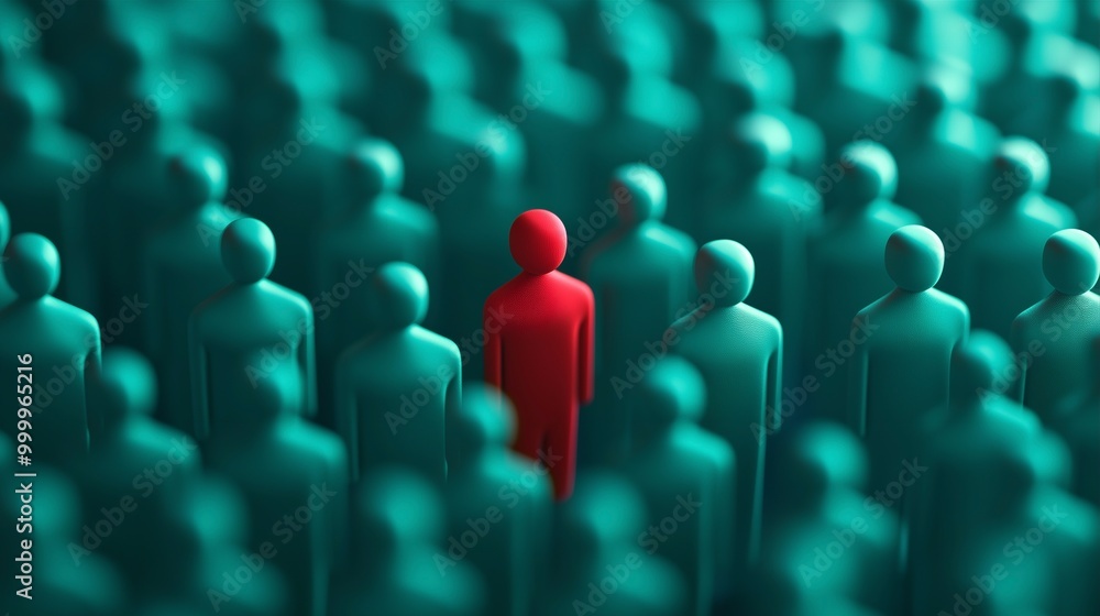 Fototapeta premium a figure of a red human in the crowd of green humans