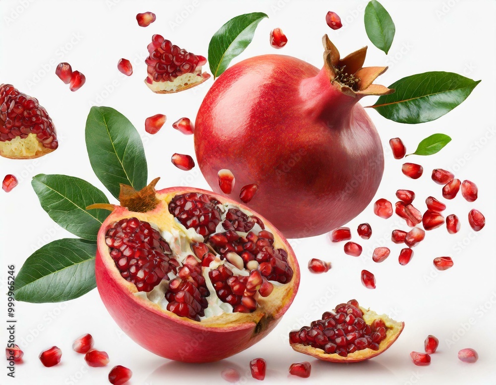 Flying in air fresh ripe whole and cut pomegranate with seeds and leaves isolated on white background Flying in air fresh ripe whole and cut pomegranate with seeds and leaves isolated on white background