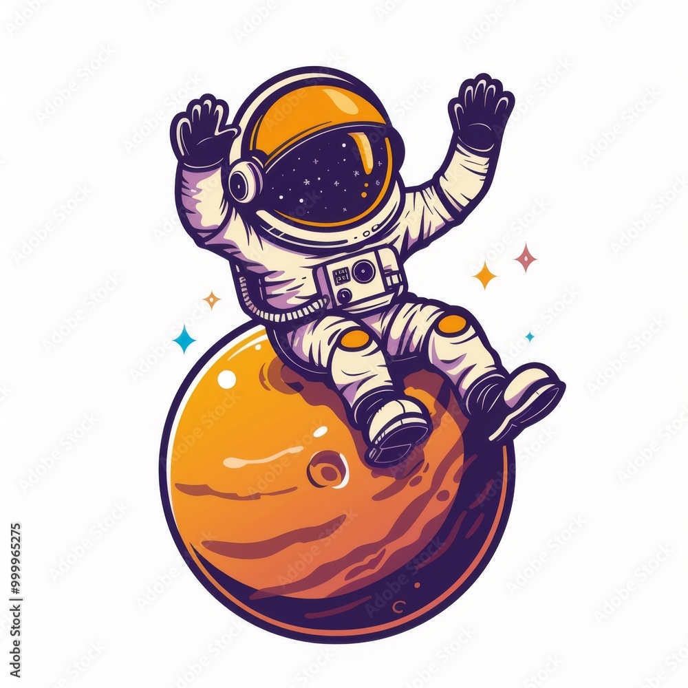 Fototapeta premium astronaut sitting on planet and waving hand cartoon icon illustration