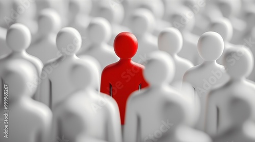 a red human being in the crowd of white human beings, concept